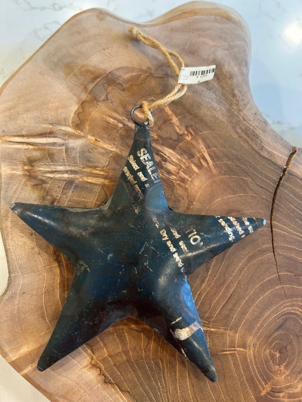 Reclaimed unique blue metal star ornament